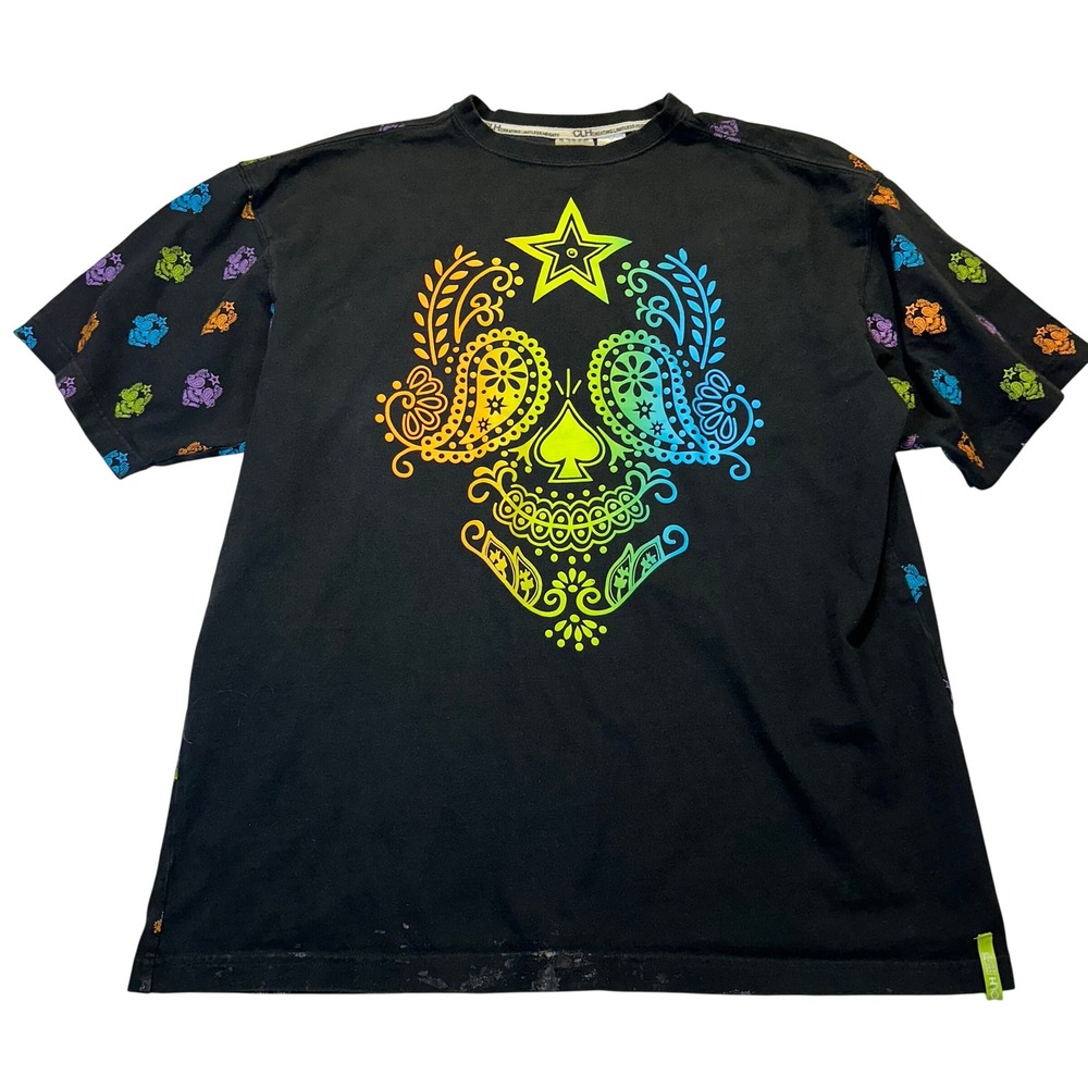 CLH‎ Sugar Skull T-Shirt Mens 2XL Black Rainbow Paisley Streetwear Y2K Goth